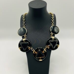Vintage Black Lucite Geometric Necklace Gold Tone Statement